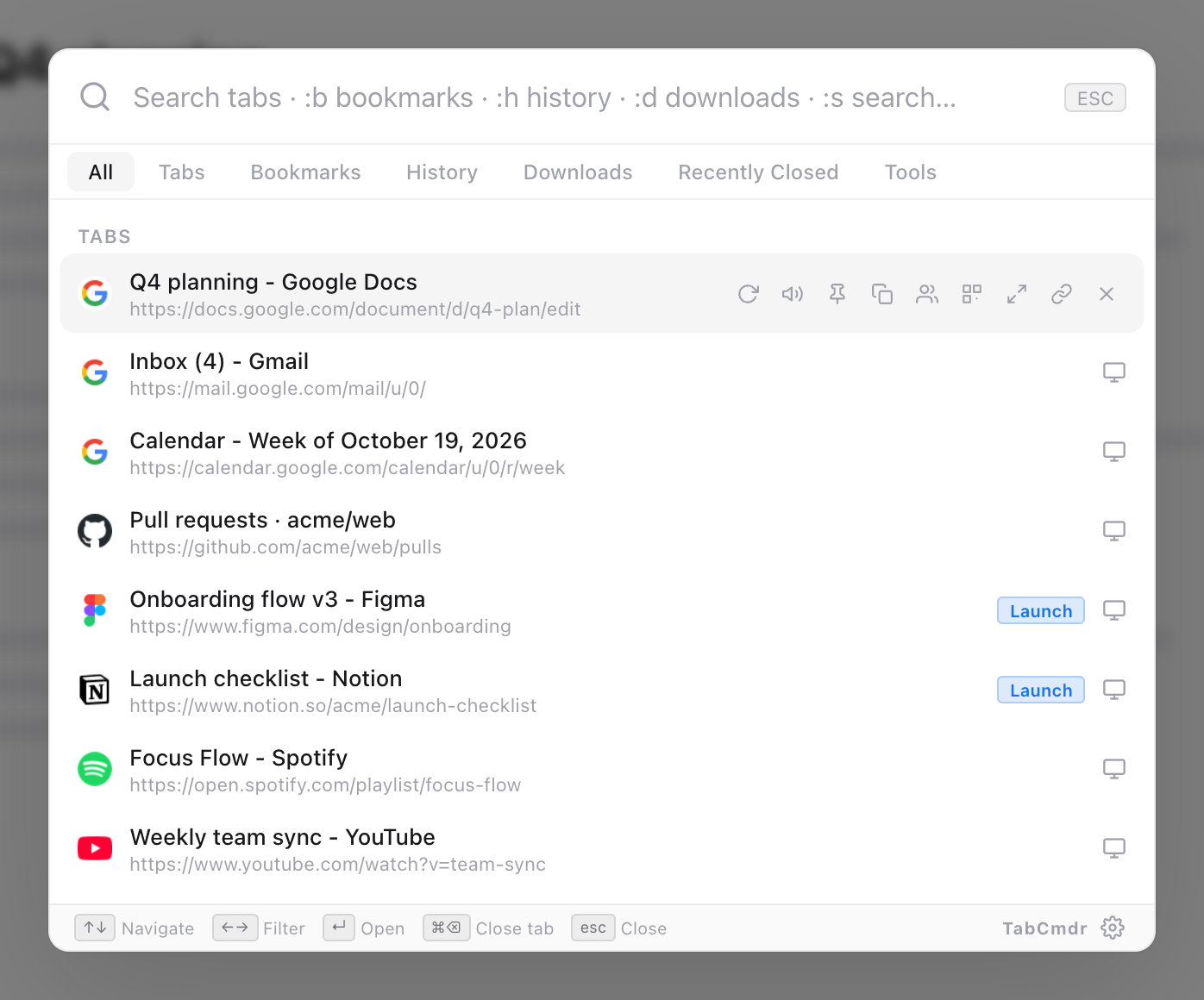 TabCmdr palette listing open tabs, with a blue Launch badge on the Figma and Notion rows
