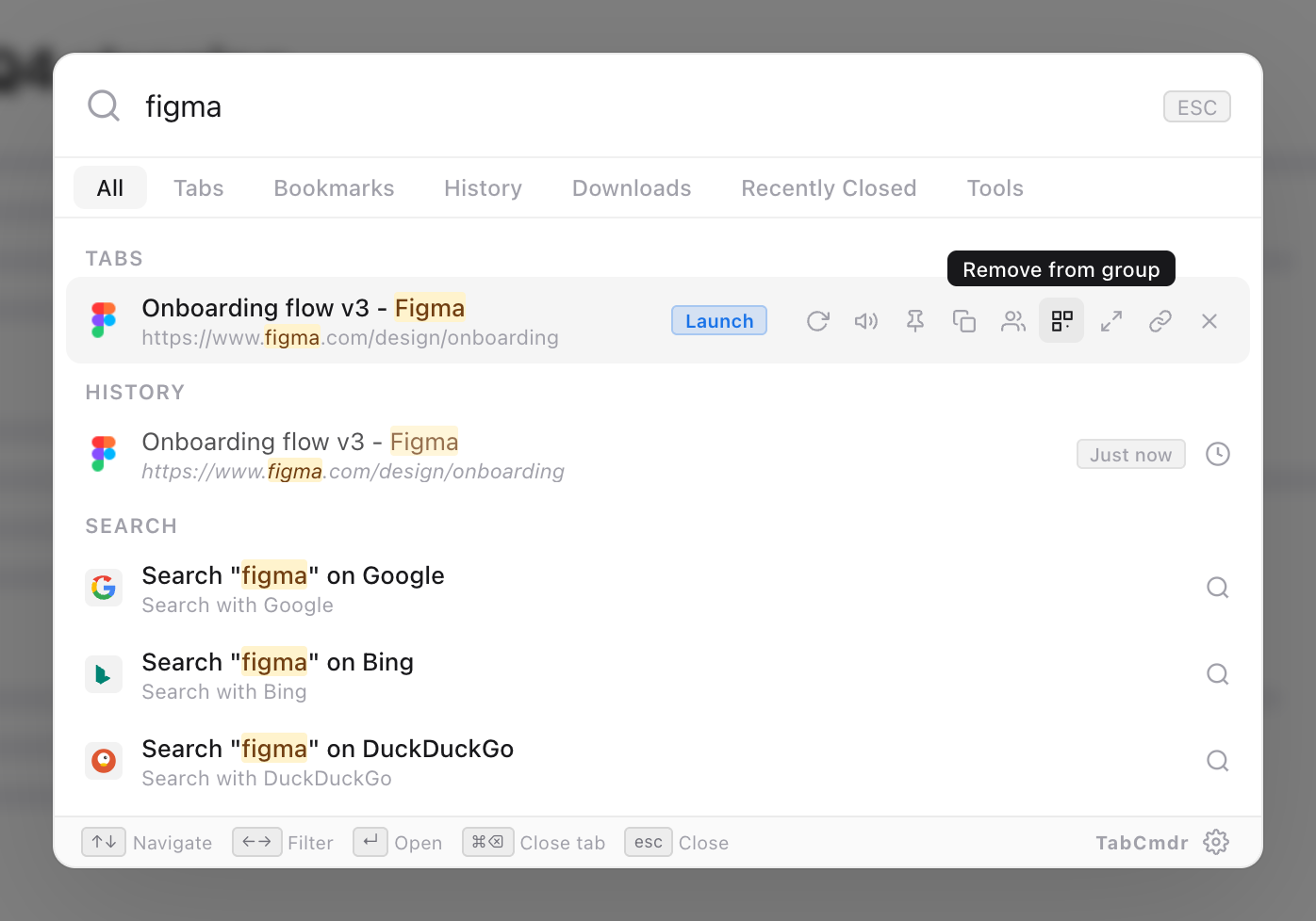TabCmdr palette with figma typed, the Figma tab's Launch badge and the pointer on its Remove from group button