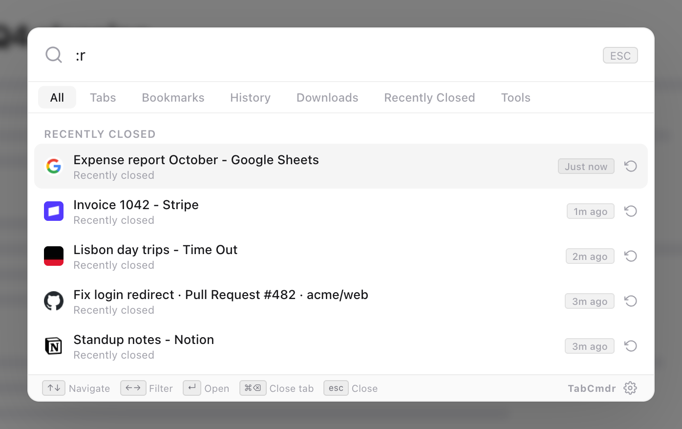 TabCmdr palette with :r typed, listing recently closed tabs with how long ago each was closed