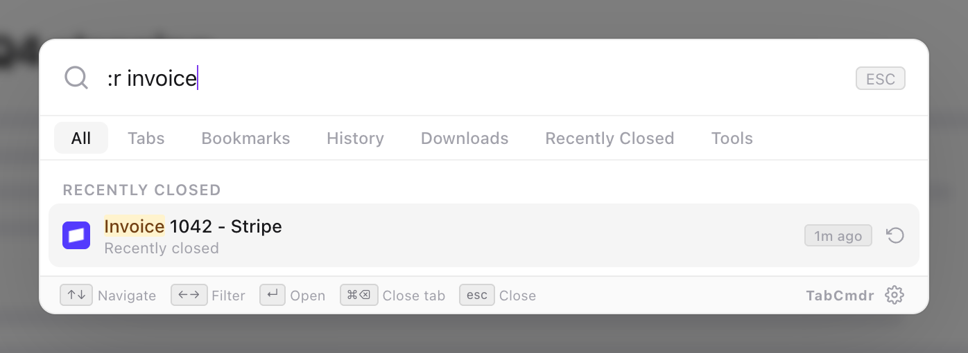 TabCmdr palette with :r invoice typed, showing the closed Stripe invoice tab