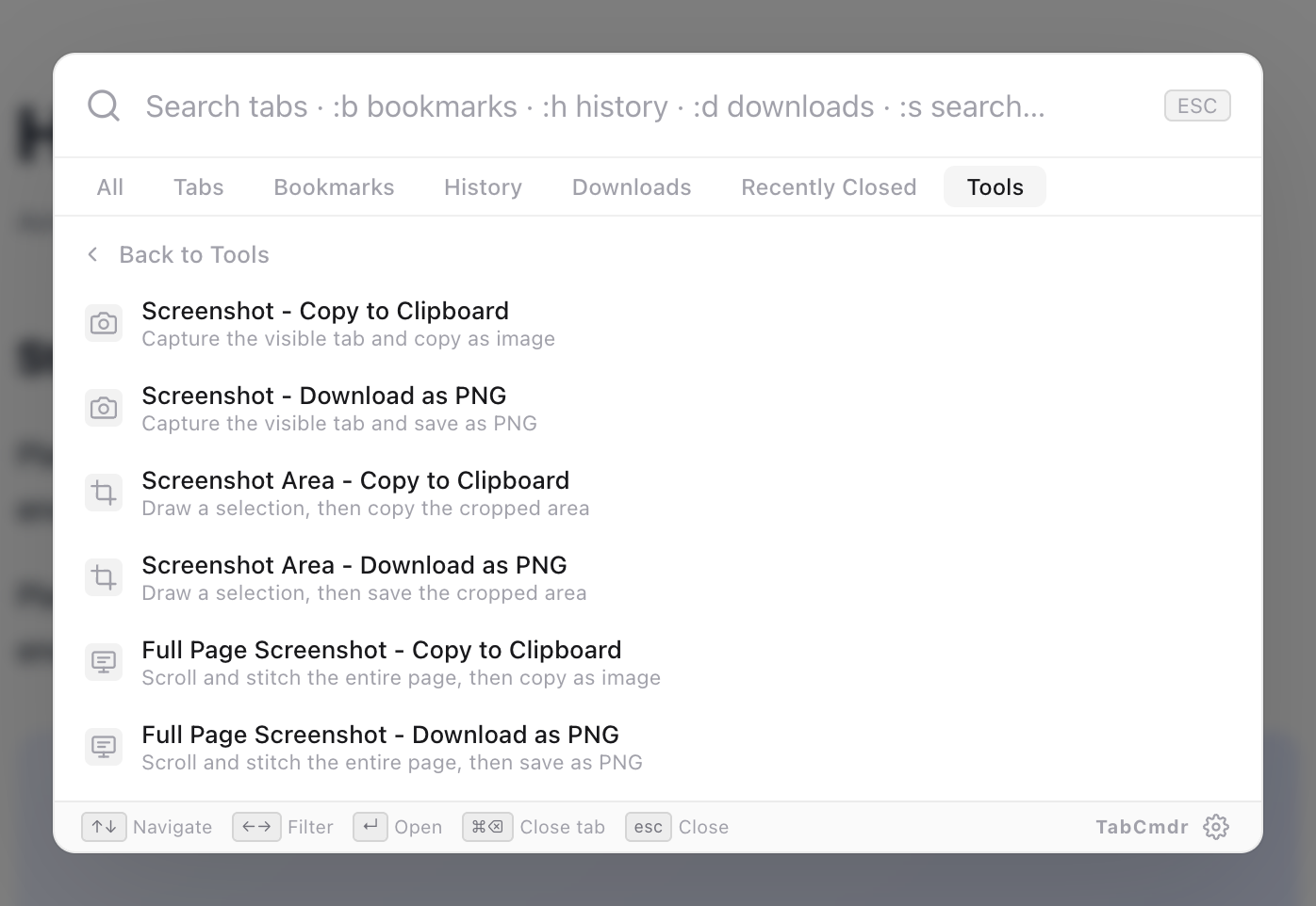 TabCmdr screenshot menu opened with :ss, listing Screenshot, Screenshot Area and Full Page Screenshot, each with Copy to Clipboard and Download as PNG