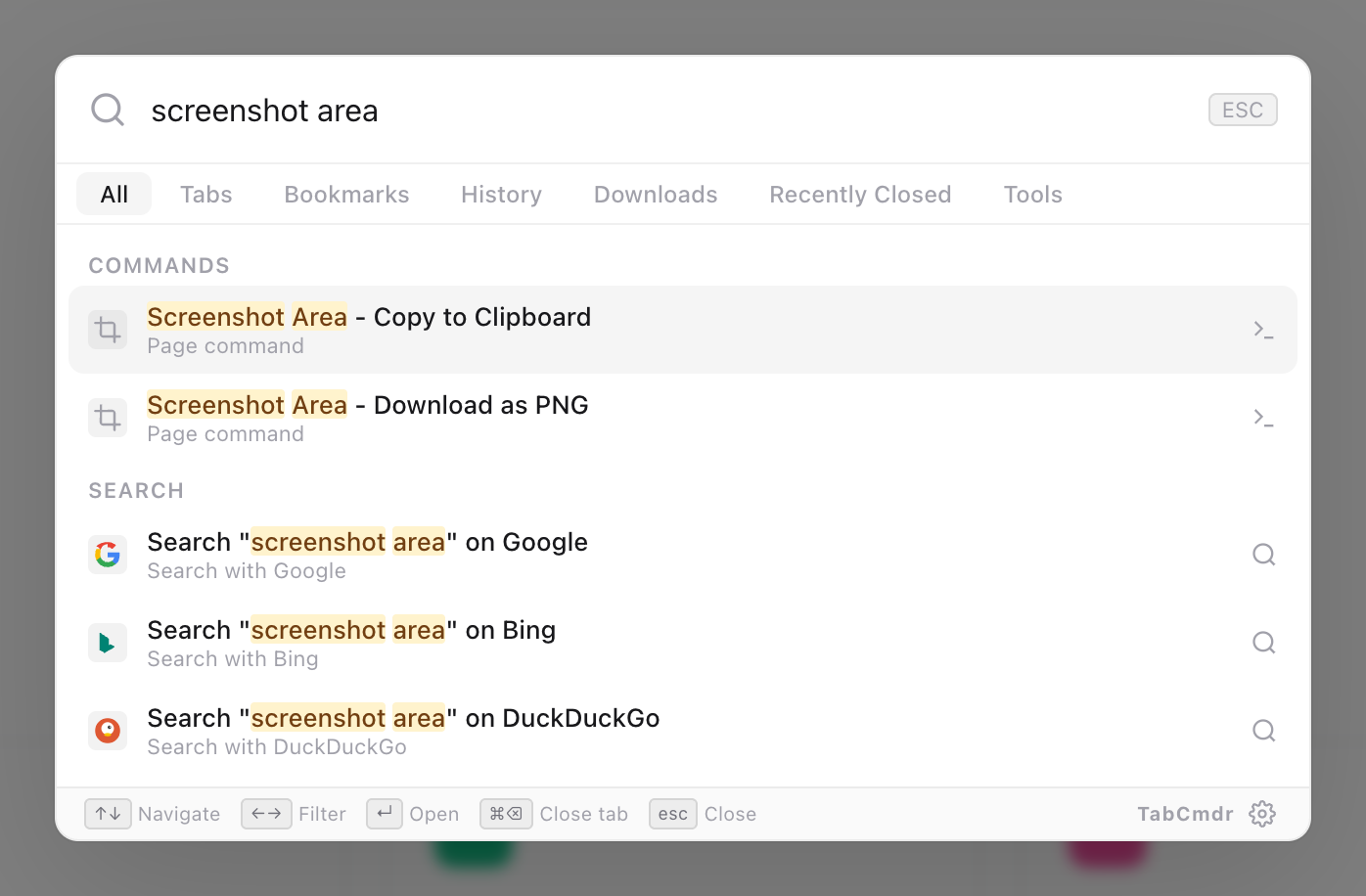 TabCmdr palette with screenshot area typed, showing the Copy to Clipboard and Download as PNG area commands