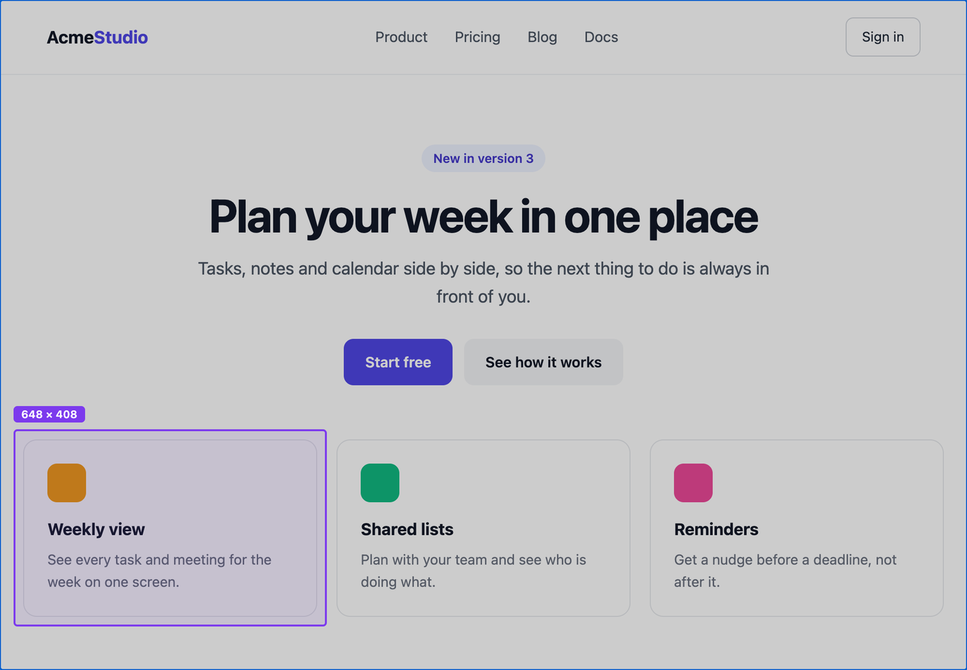 A web page dimmed behind a purple selection box around one card, with a label reading 648 × 408