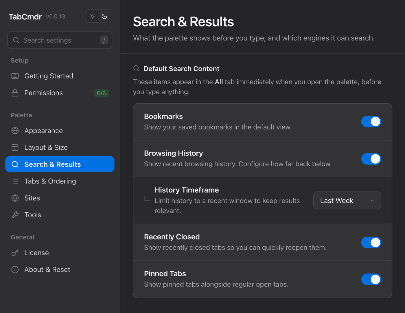 TabCmdr settings, Search and Results pane, with Bookmarks turned on under Default Search Content