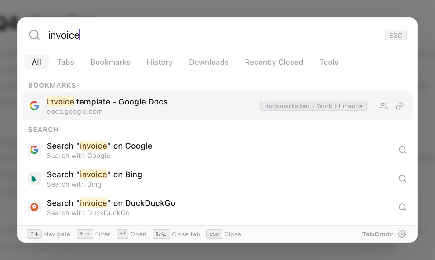 TabCmdr palette with invoice typed, showing a bookmark called Invoice template above web search options