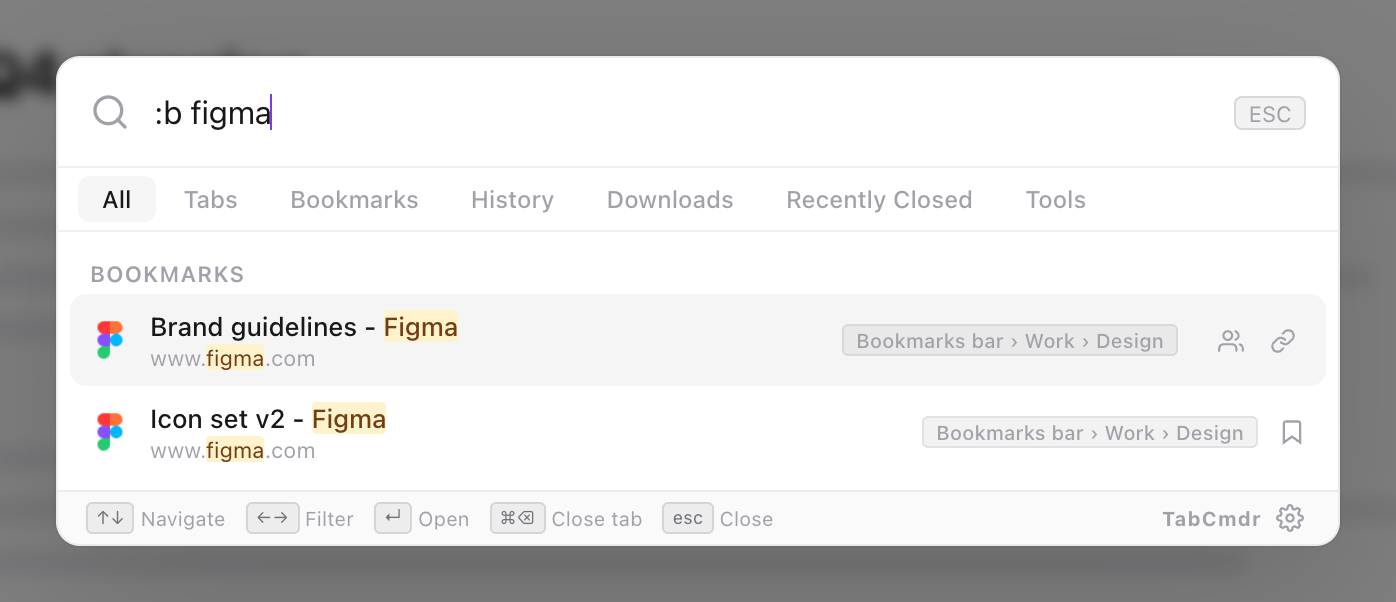 TabCmdr palette with :b figma typed, showing two Figma bookmarks saved in Bookmarks bar, Work, Design