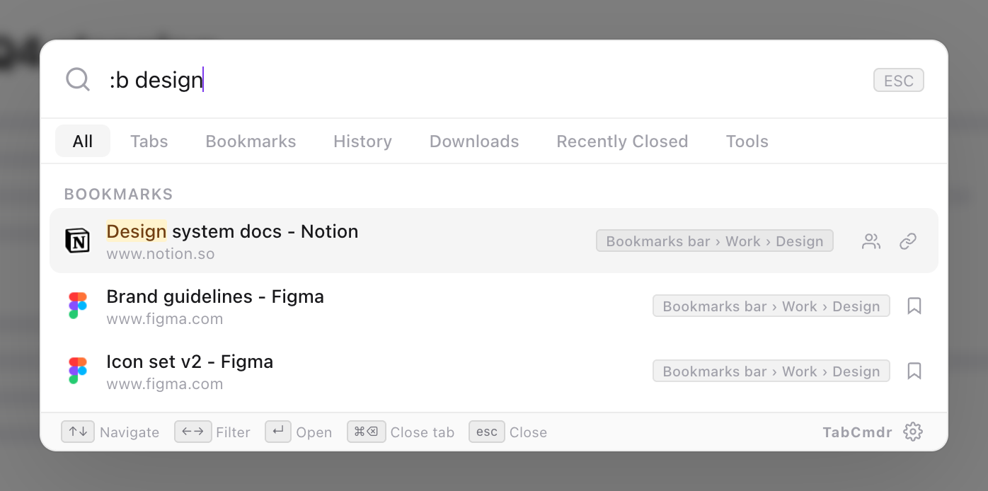 TabCmdr palette with :b design typed, listing three bookmarks from the Work, Design folder