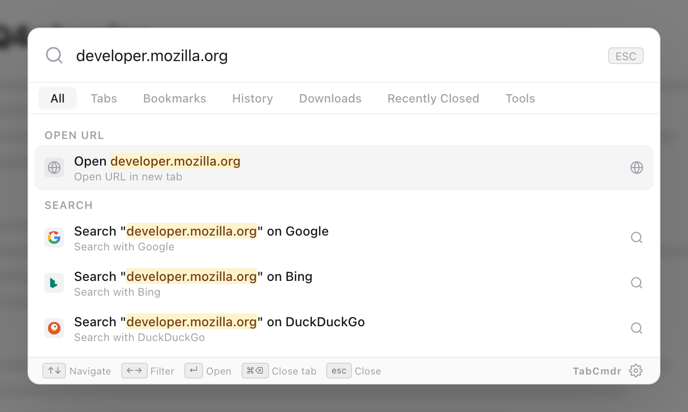 TabCmdr palette with developer.mozilla.org typed, showing an Open developer.mozilla.org row above the search engine rows