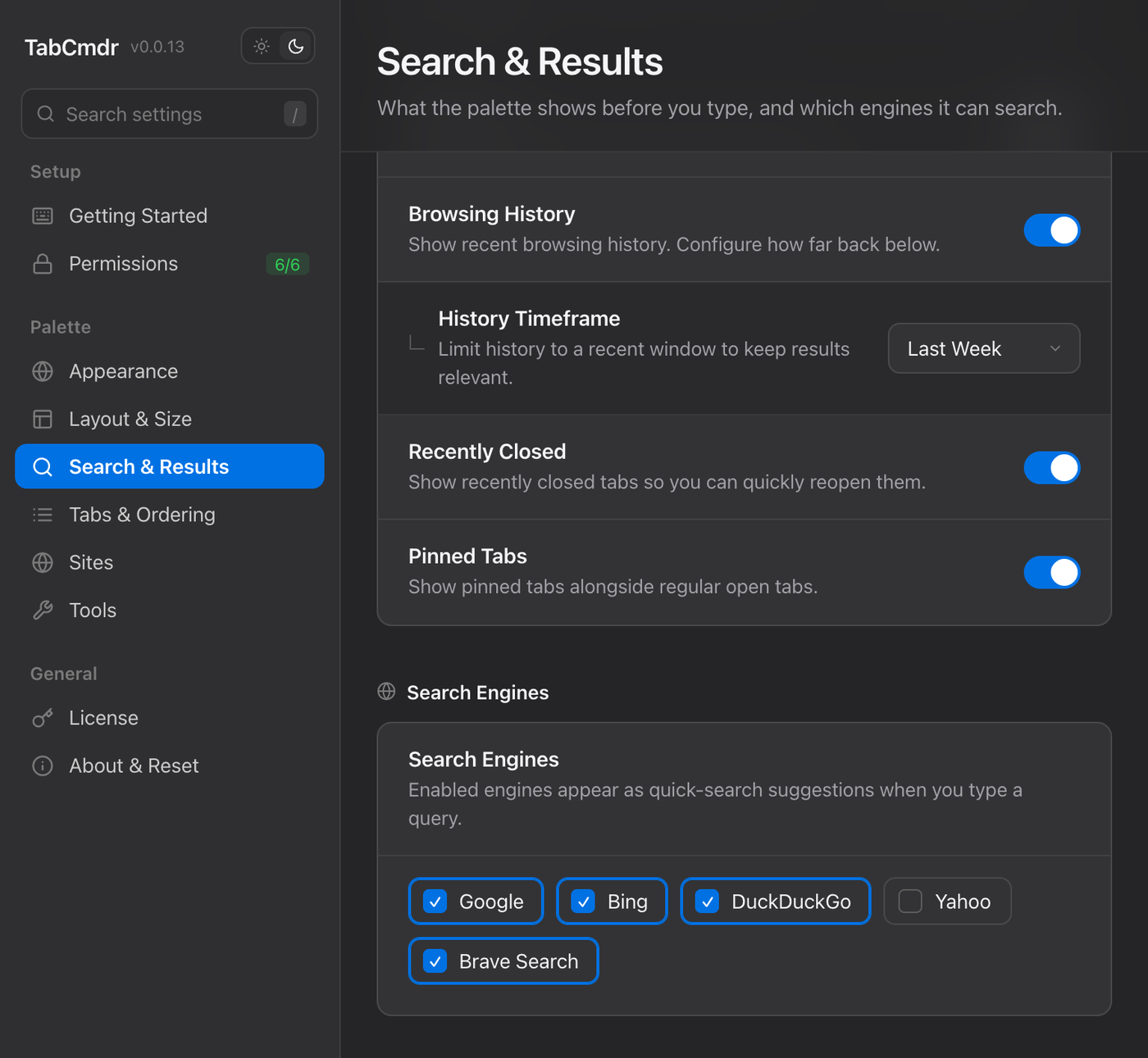 TabCmdr settings, Search and Results pane, with Google, Bing, DuckDuckGo and Brave Search ticked under Search Engines