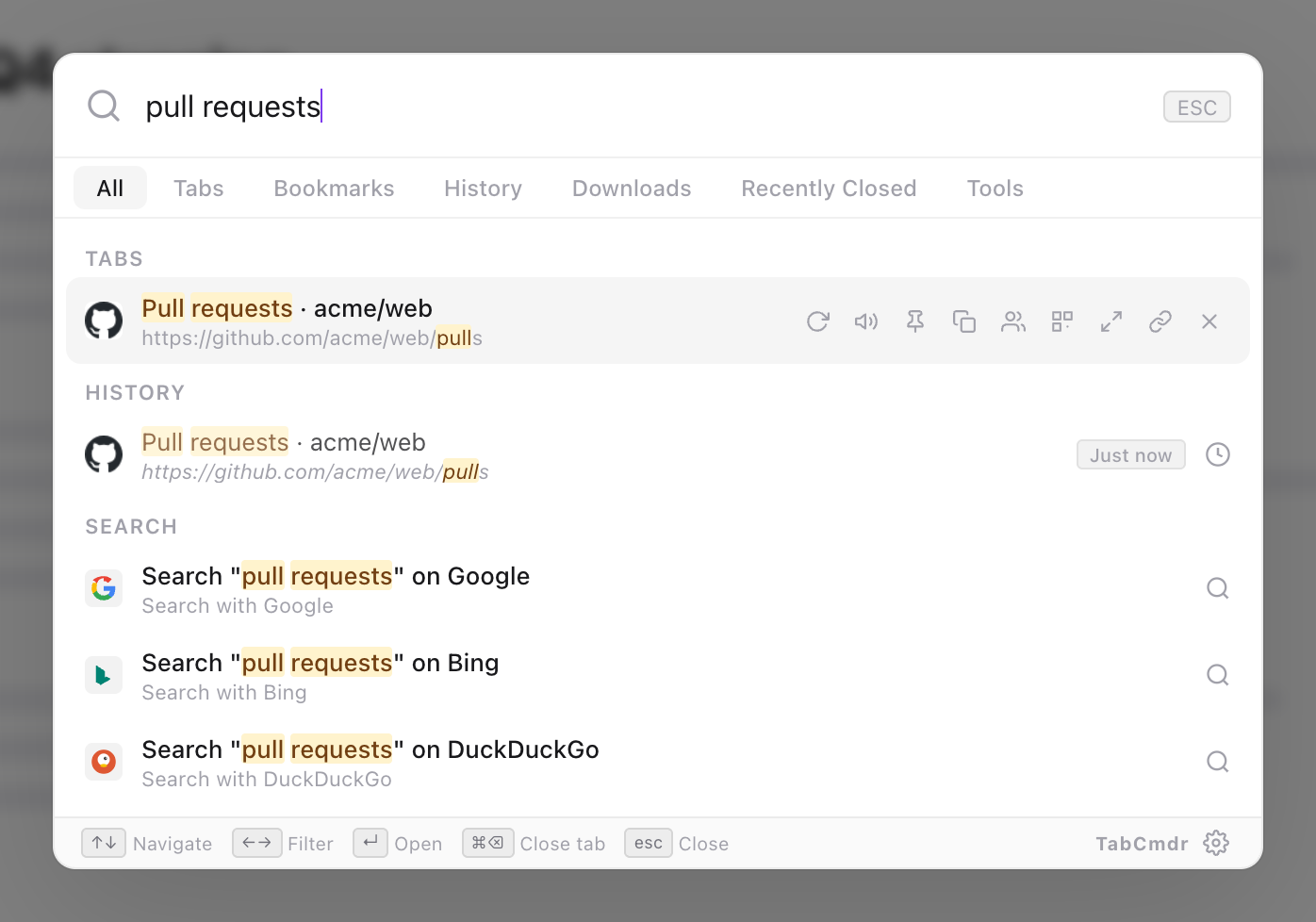 TabCmdr palette with pull requests typed, showing a matching tab and history page above rows to search Google, Bing and DuckDuckGo
