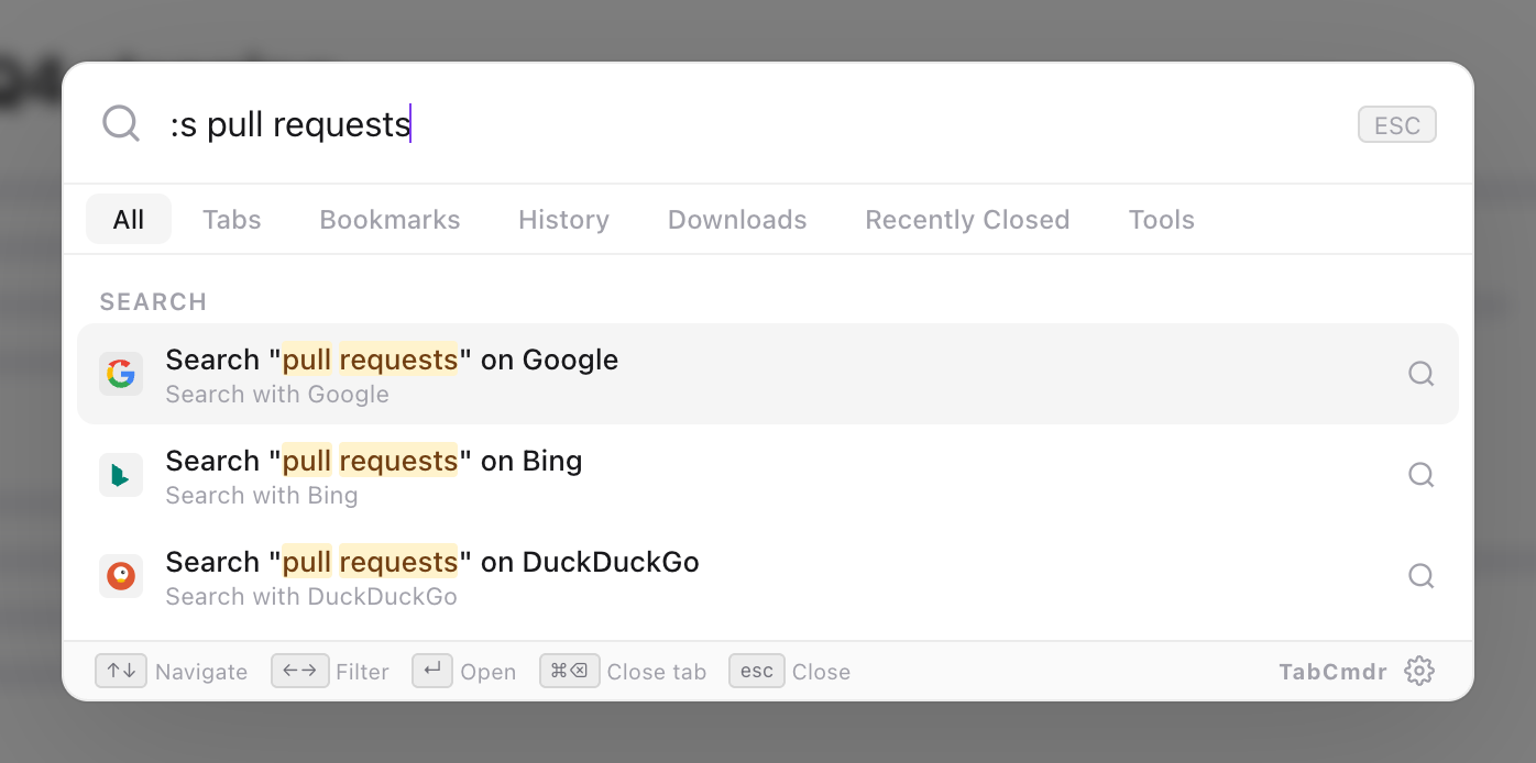 TabCmdr palette with :s pull requests typed, showing only the rows to search Google, Bing and DuckDuckGo