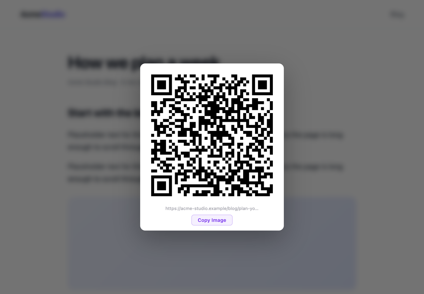 TabCmdr QR code card over a blurred blog article, with the address https://acme-studio.example/blog/plan-yo… and a Copy Image button