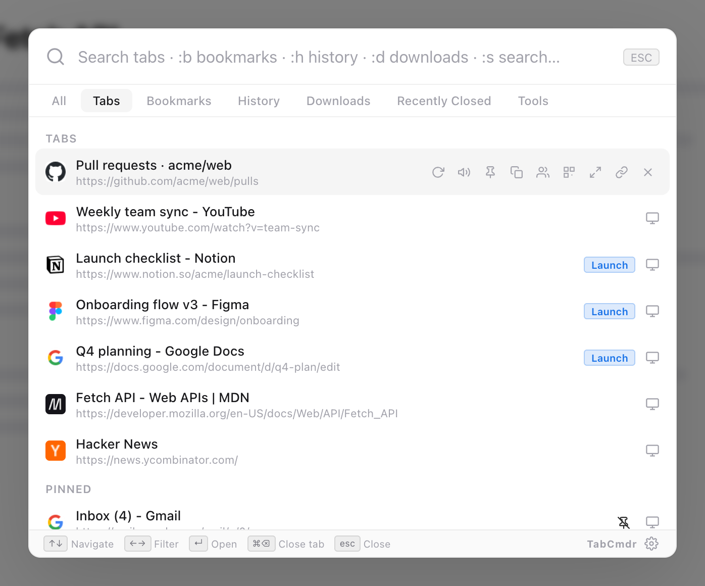 TabCmdr palette on the Tabs filter after sorting, listing Pull requests and YouTube, the Launch group as Launch checklist, Onboarding flow v3 and Q4 planning, then Fetch API and Hacker News