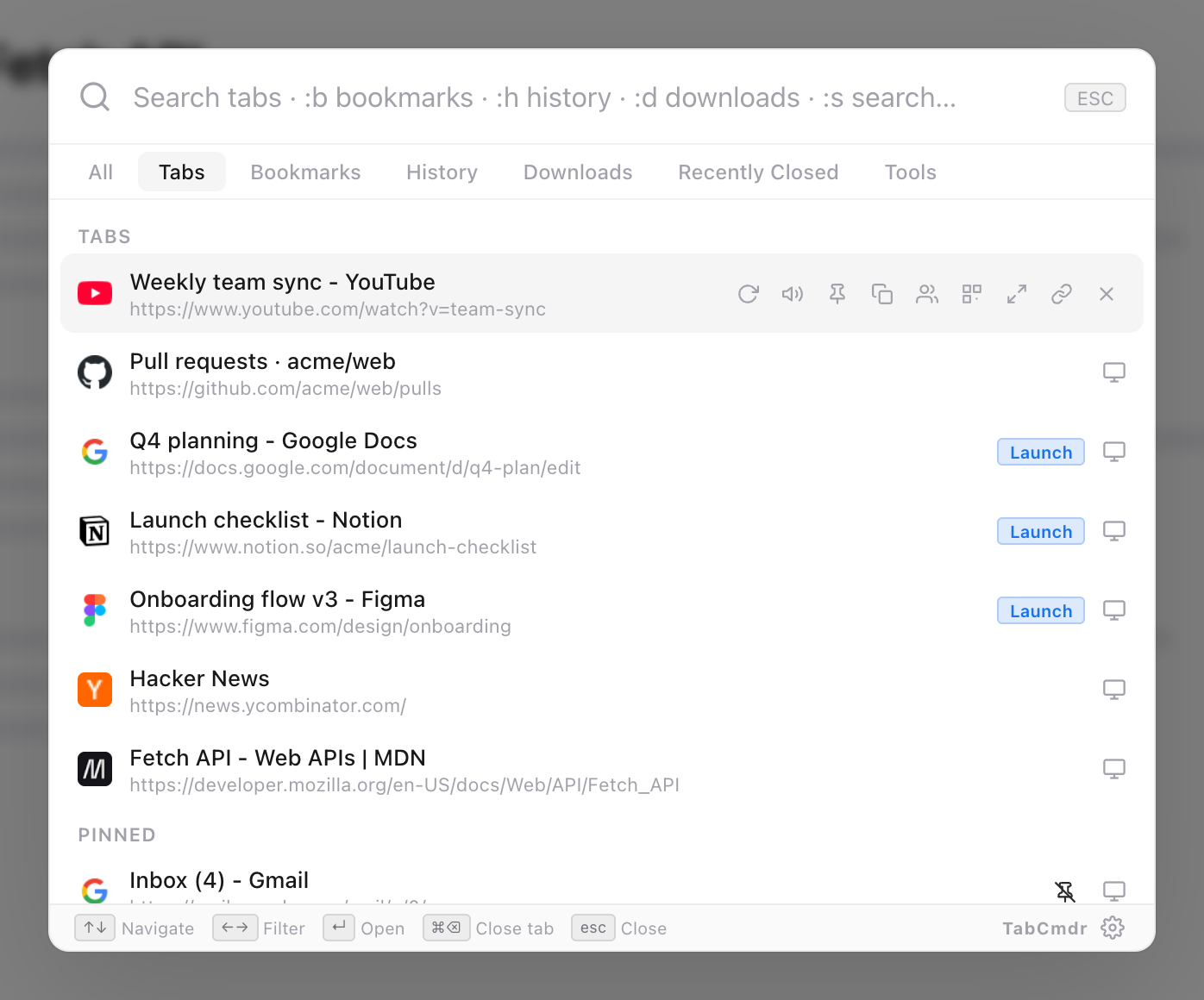 TabCmdr palette on the Tabs filter, listing YouTube and Pull requests, three tabs labelled Launch, then Hacker News and MDN, with Inbox under Pinned