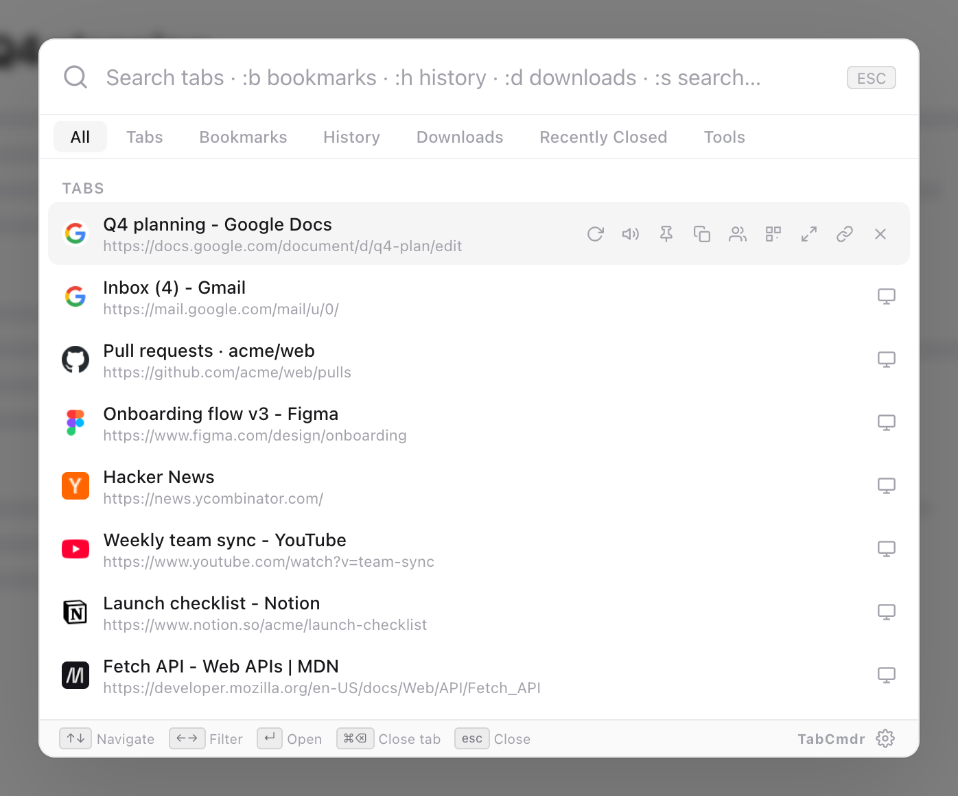 TabCmdr palette open over a web page, listing open tabs with their titles and addresses