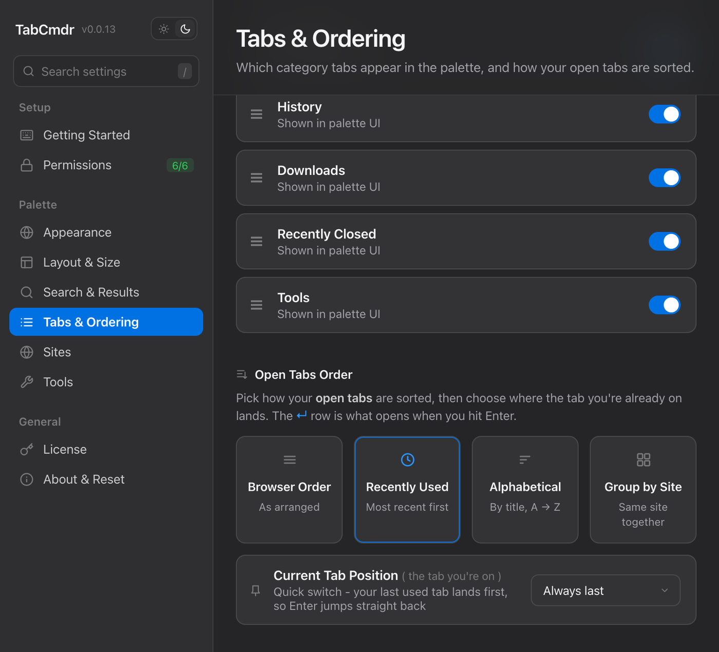 TabCmdr settings, Open Tabs Order section, with Recently Used selected and Current Tab Position set to Always last