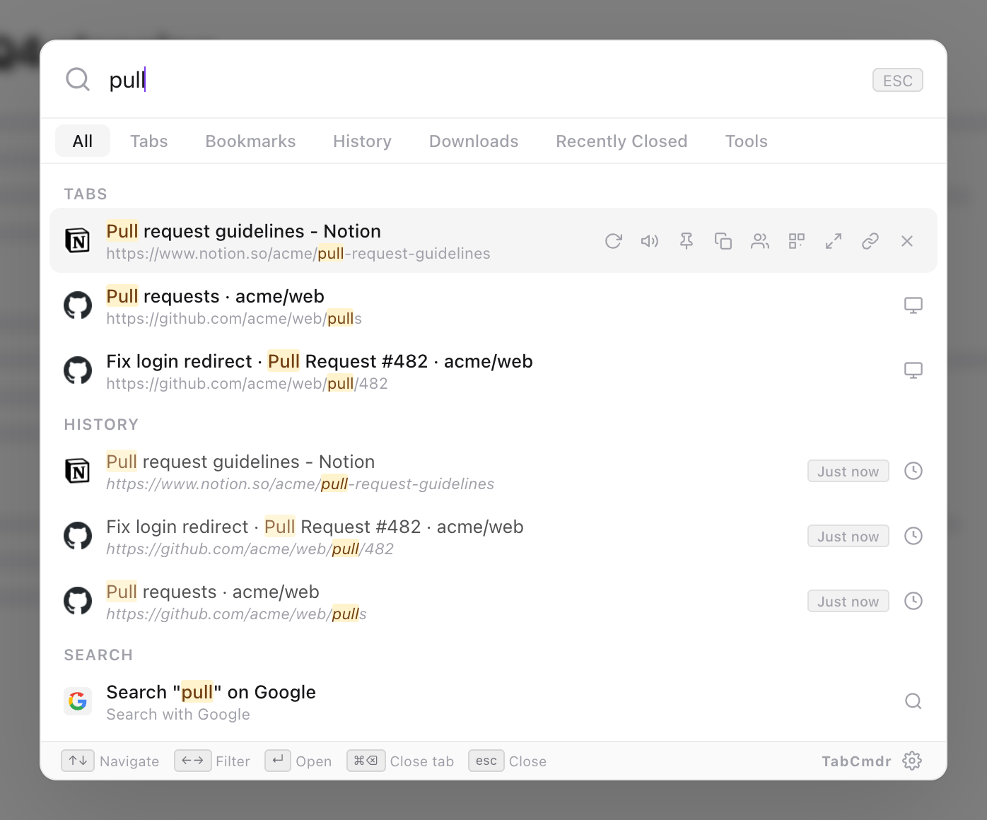 TabCmdr palette with pull typed, showing three matching tabs, then the same pages under History with when they were visited