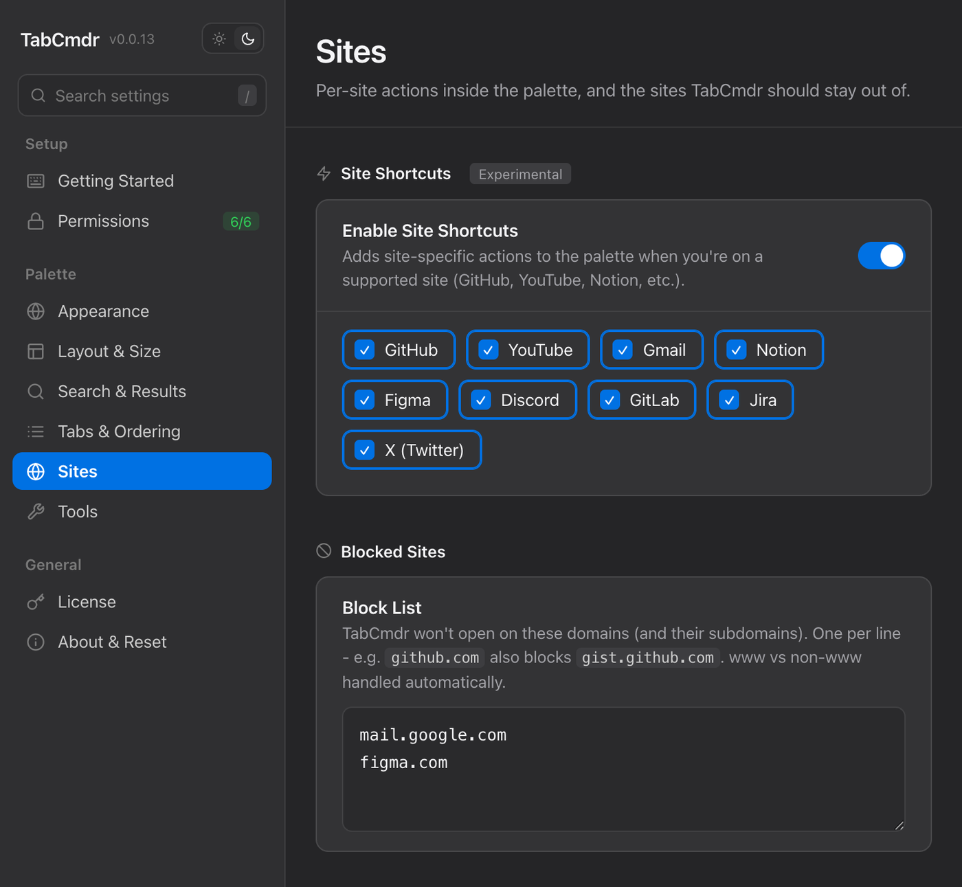 TabCmdr settings on the Sites page, with mail.google.com and figma.com in the Blocked Sites Block List