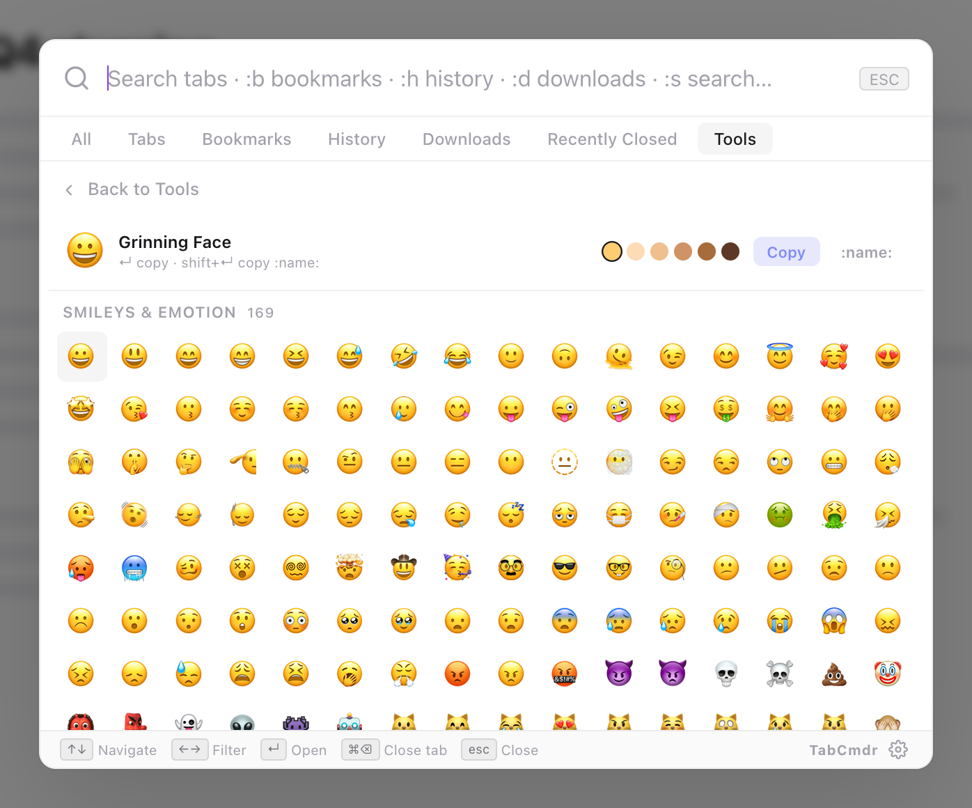 TabCmdr emoji picker showing the Smileys and Emotion grid with Grinning Face selected and skin tone dots