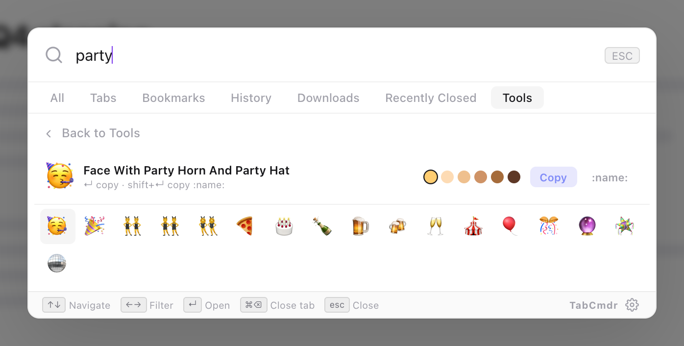 TabCmdr emoji picker with party typed, showing Face With Party Horn And Party Hat and related emoji