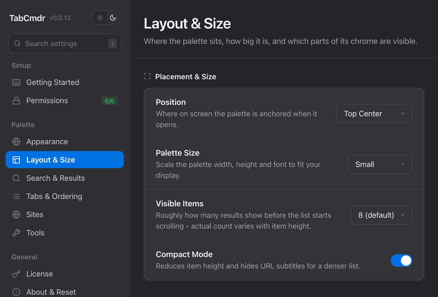 TabCmdr settings on Layout & Size, with Position set to Top Center, Palette Size set to Small and Compact Mode on
