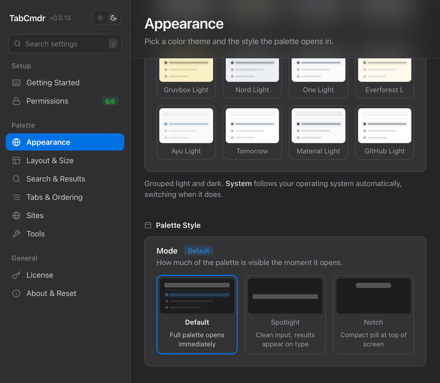 TabCmdr settings on Appearance, Palette Style section, with the Default, Spotlight and Notch modes
