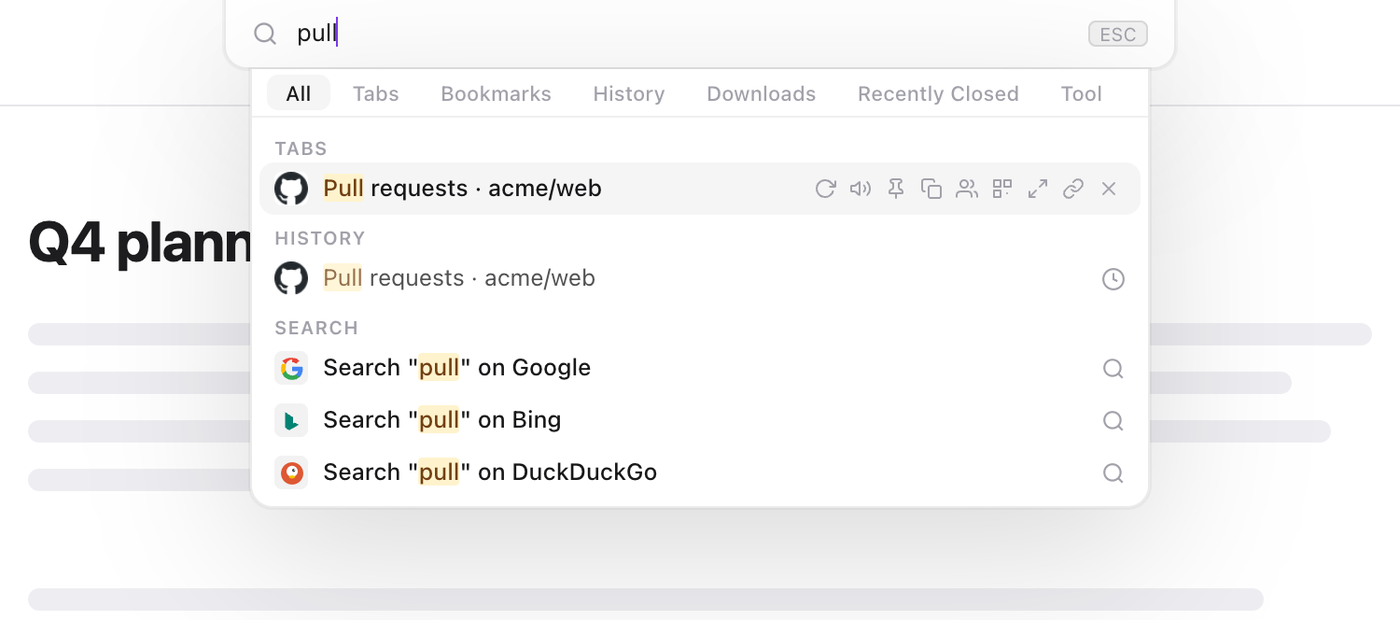 TabCmdr in Notch style at the top of the page, with results for pull dropping down below the search pill