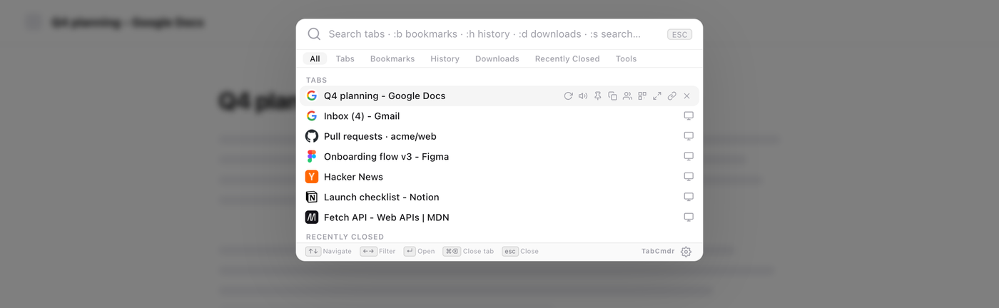 A small, compact TabCmdr palette at the top center of the page, listing open tabs without addresses