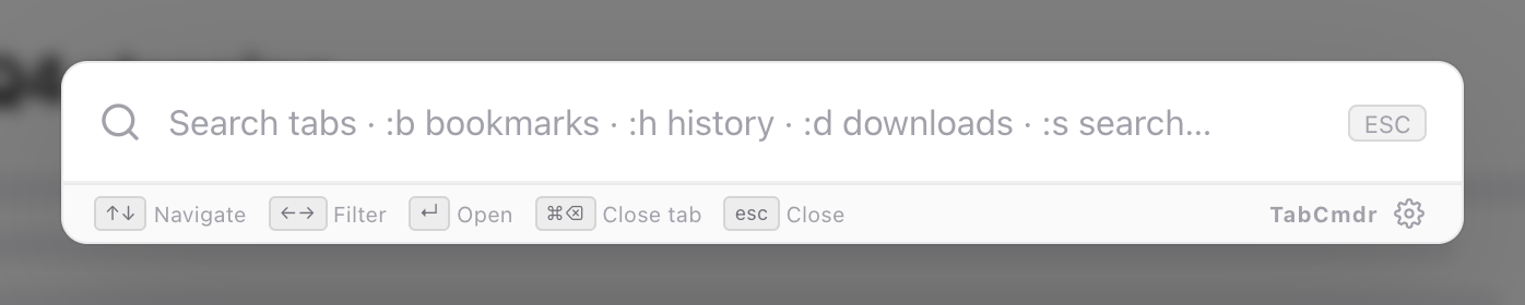 TabCmdr palette in Spotlight style before typing, showing only the search box and the hint bar