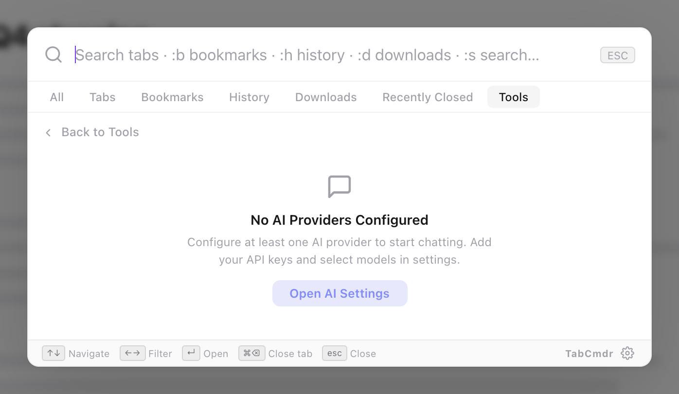 TabCmdr palette showing No AI Providers Configured with an Open AI Settings button