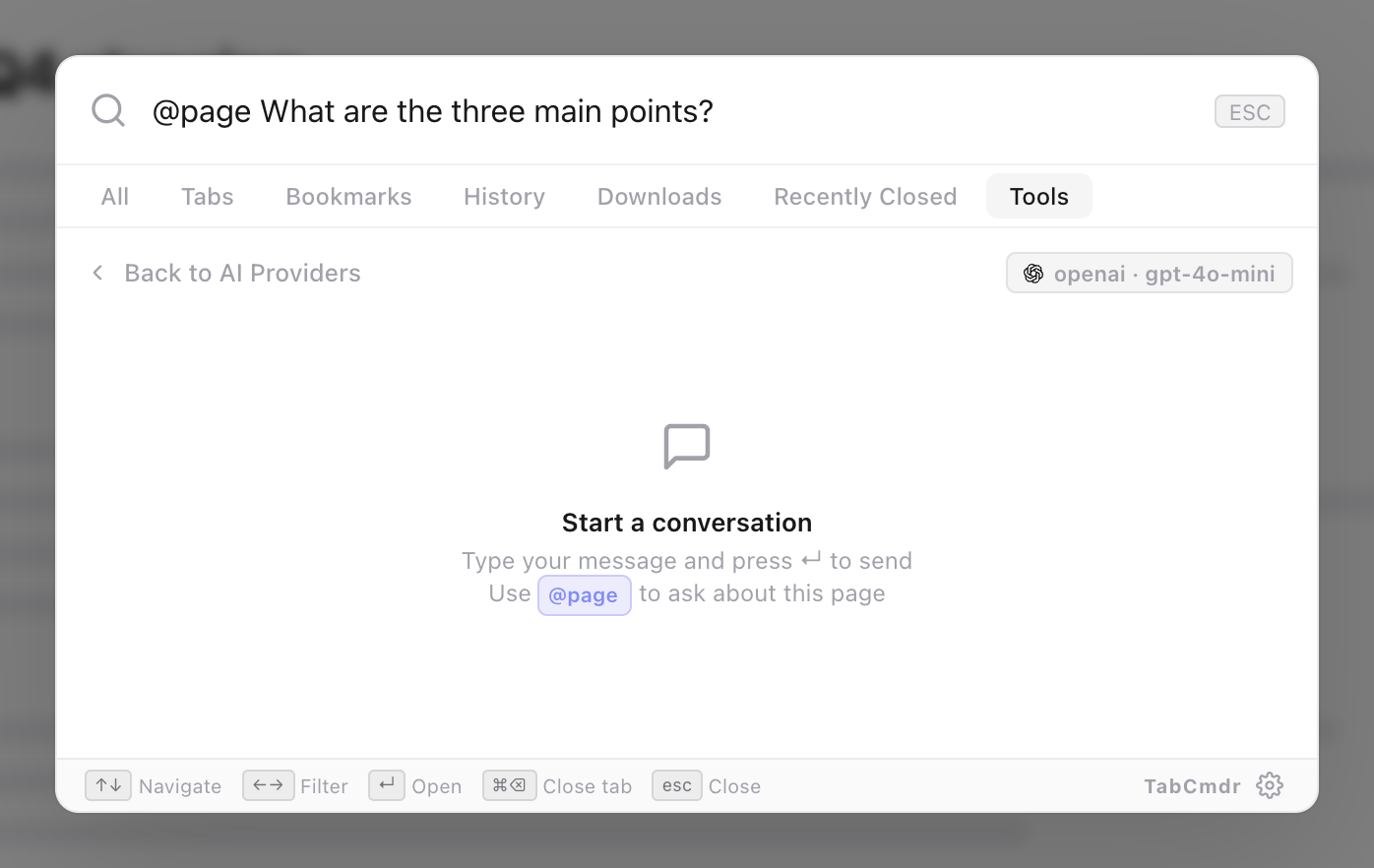 TabCmdr AI chat for OpenAI gpt-4o-mini with a question starting with @page typed in the search box