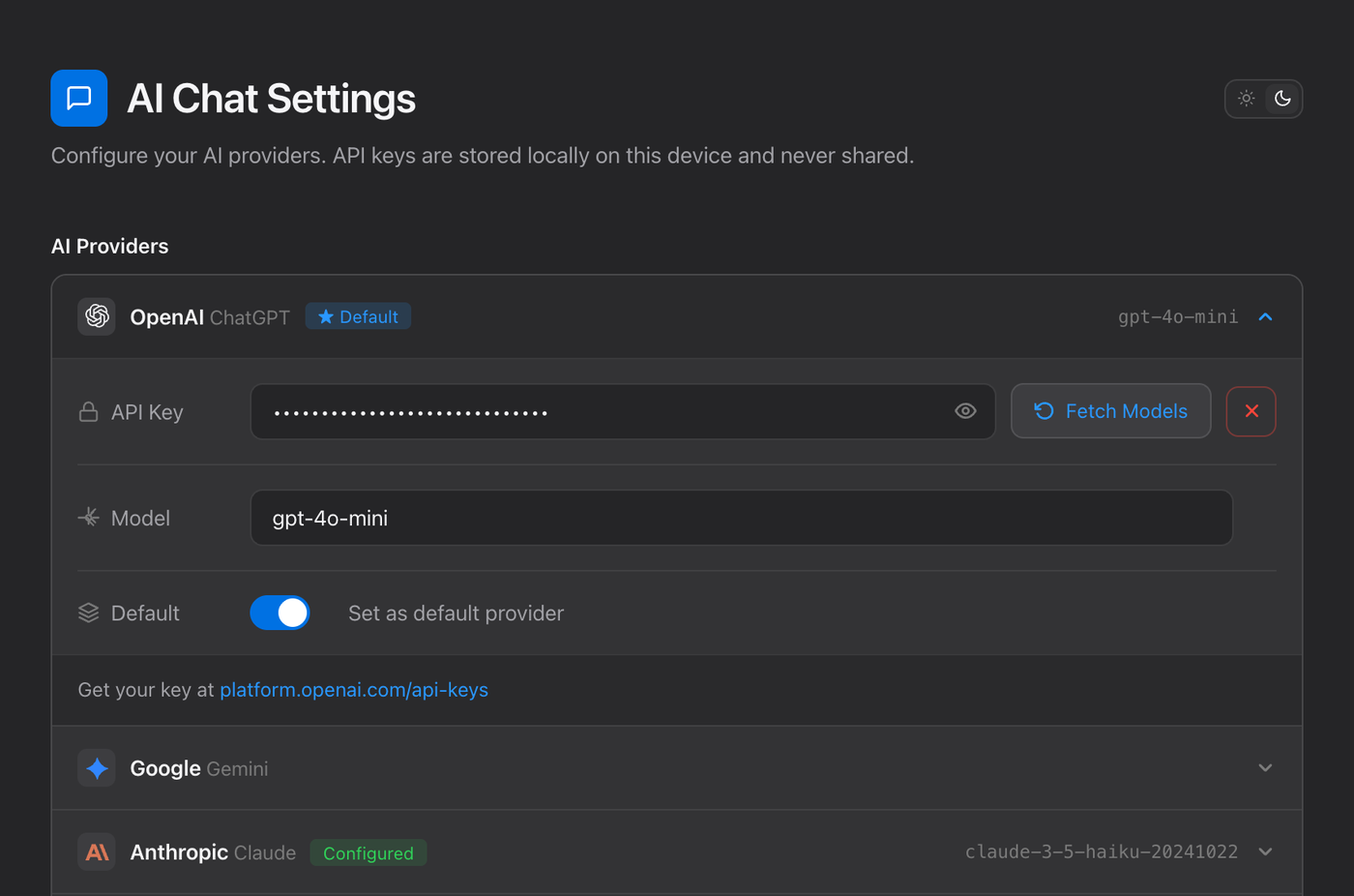 TabCmdr AI Chat Settings with OpenAI open, an API key entered as dots, gpt-4o-mini as the model and Set as default provider turned on