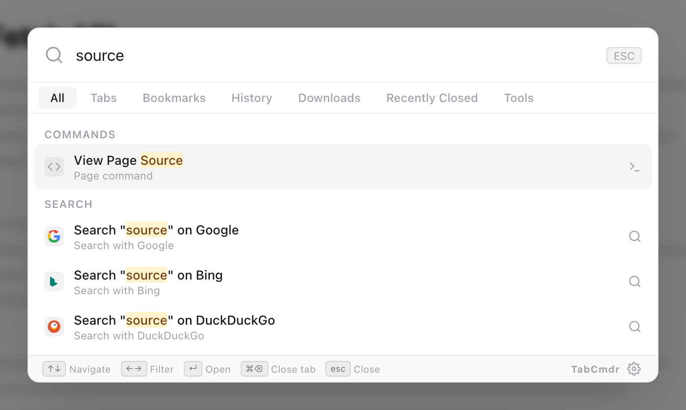 TabCmdr palette with source typed and the View Page Source command highlighted