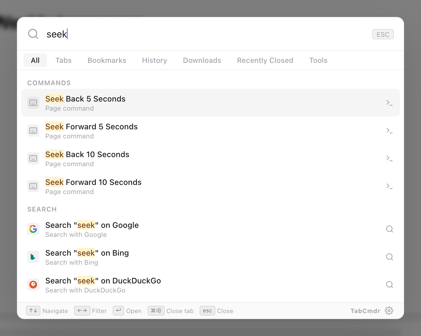 TabCmdr palette on a YouTube video with seek typed, listing Seek Back 5 Seconds, Seek Forward 5 Seconds, Seek Back 10 Seconds and Seek Forward 10 Seconds