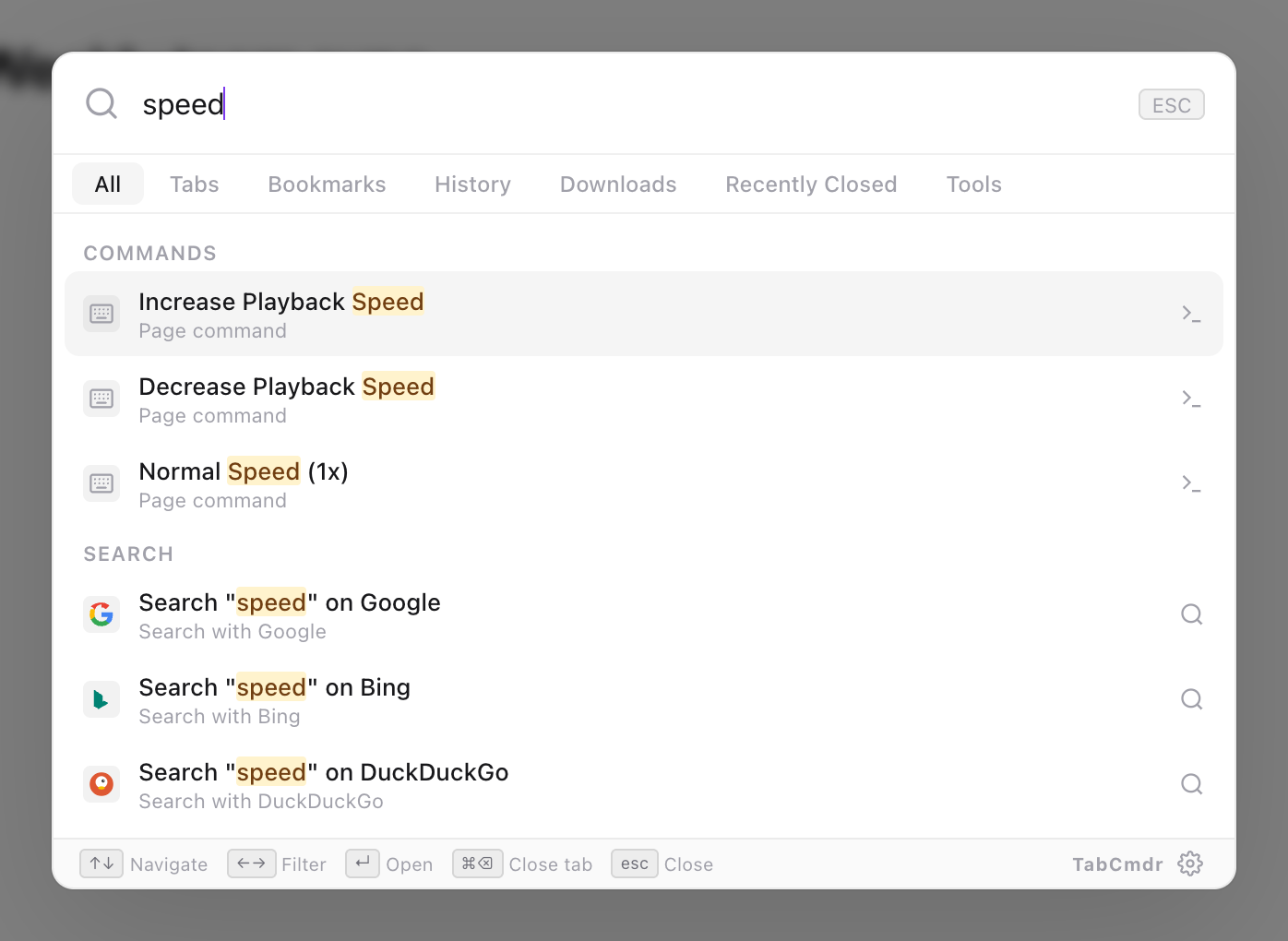 TabCmdr palette on a YouTube video with speed typed, showing Increase Playback Speed, Decrease Playback Speed and Normal Speed (1x)