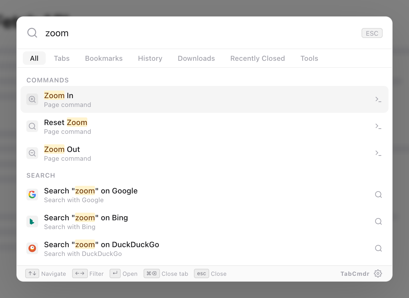 TabCmdr palette with zoom typed, listing the Zoom In, Reset Zoom and Zoom Out commands